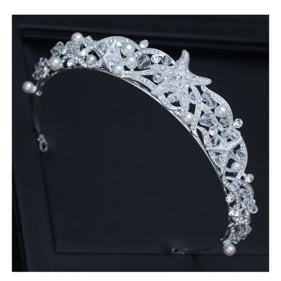 Silver Crystals, Pearls, Beads Hand Decorated Starfish Beach Wedding Tiara NWT - Picture 4 of 9